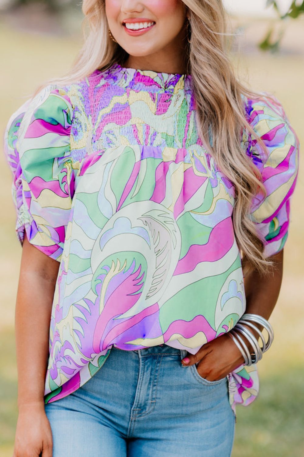 Smocked Hippie Short Sleeve Blouse