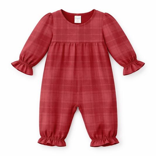Red Plaid Baby Girl Romper With Ruffles & Puff Sleeves