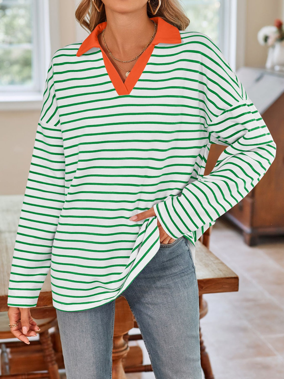 Striped Johnny Collar Long Sleeve Shirt
