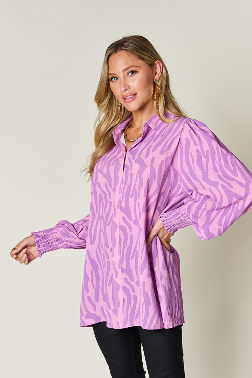 Double Take Full Size Printed Smocked Long Sleeve Blouse - 4 Colors!
