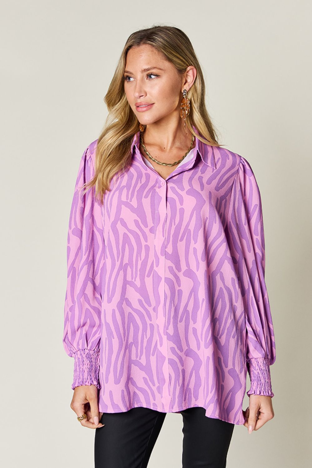 Double Take Full Size Printed Smocked Long Sleeve Blouse - 4 Colors!