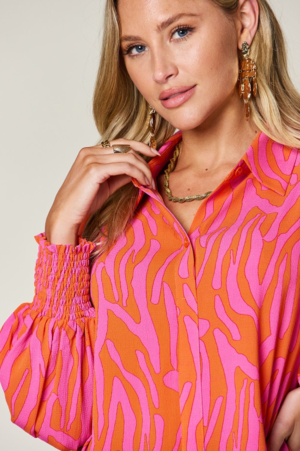 Double Take Full Size Printed Smocked Long Sleeve Blouse - 4 Colors!