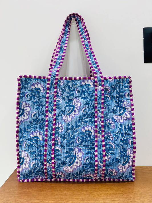Cotton Quilted Tote Bag Floral Block Print Oversized Bag