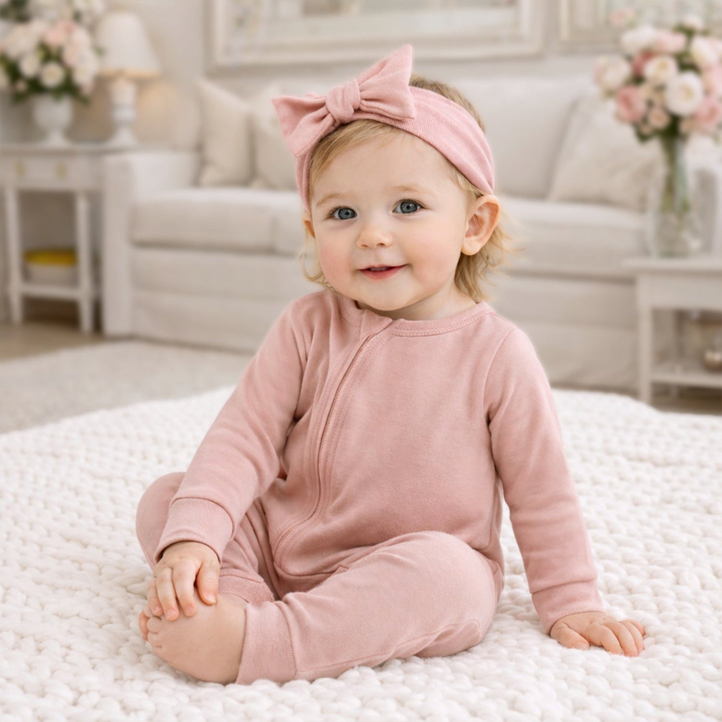 Cotton Baby Zipper Romper With Convertible Cuffs-Soft Coral