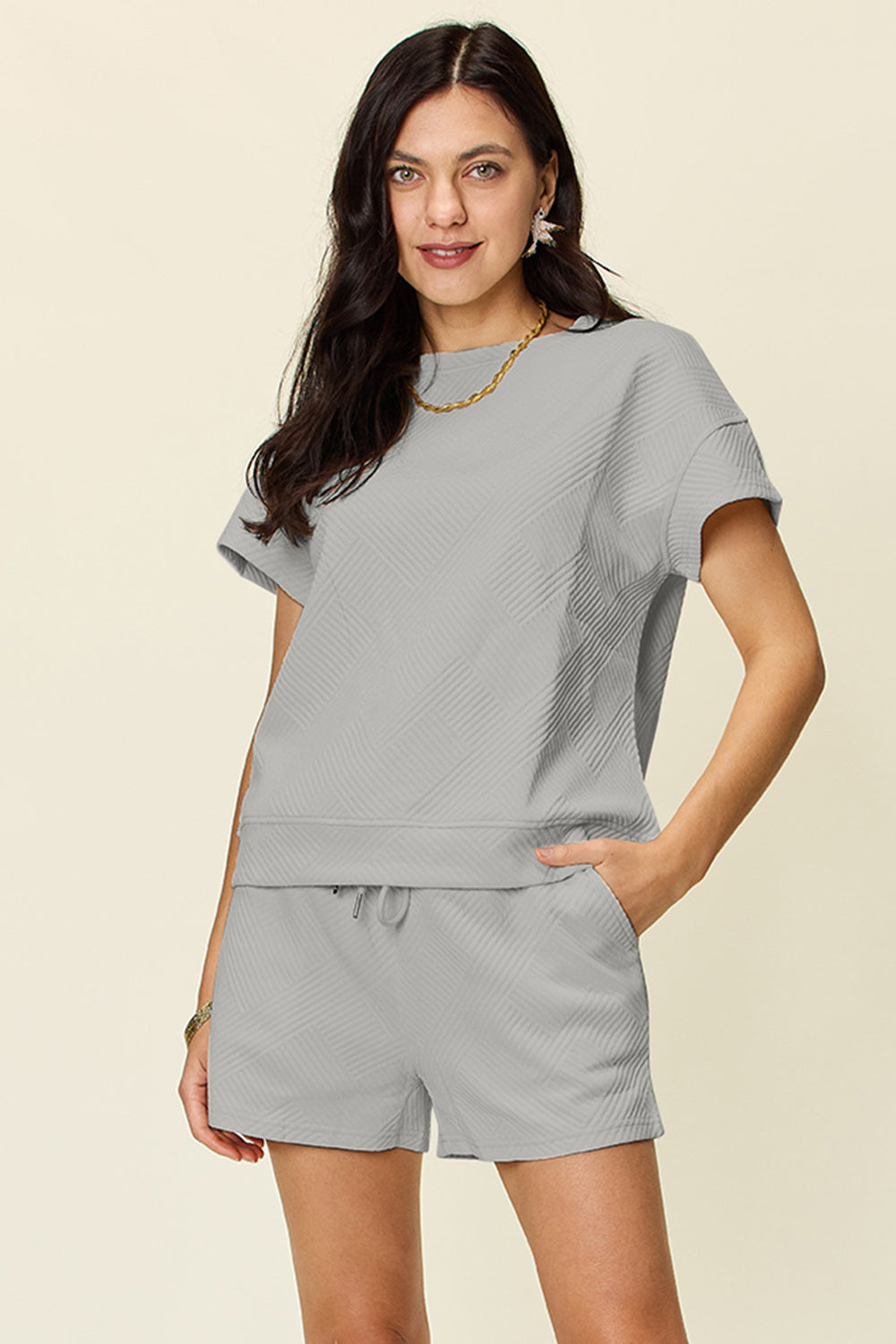 Double Take Full Size Texture Short Sleeve T-Shirt and Drawstring Shorts Set - 11 Colors!