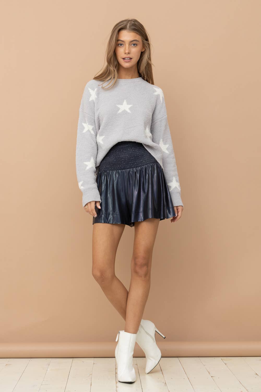 Smocked Waist Metallic Shorts - Evening Blue