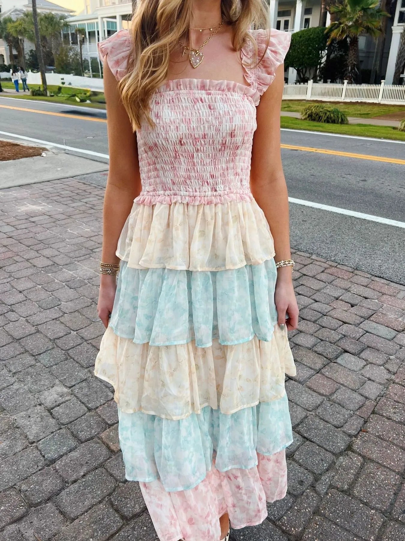 Smocked Ruffle Layered Floral Midi Dress Multicolor / S Smocked Ruffle Layered Floral Midi Dress Multicolor / S