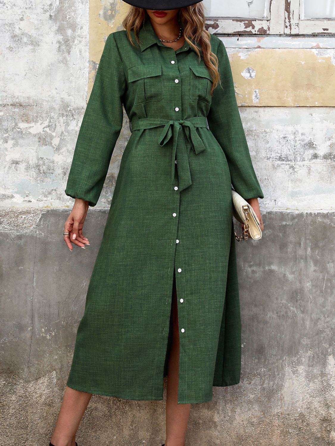 Collared Neck Long Sleeve Midi Shirt Dress Collared Neck Long Sleeve Midi Shirt Dress