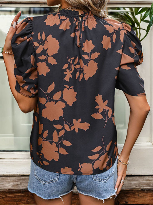 Frill Printed Puff Sleeve Blouse