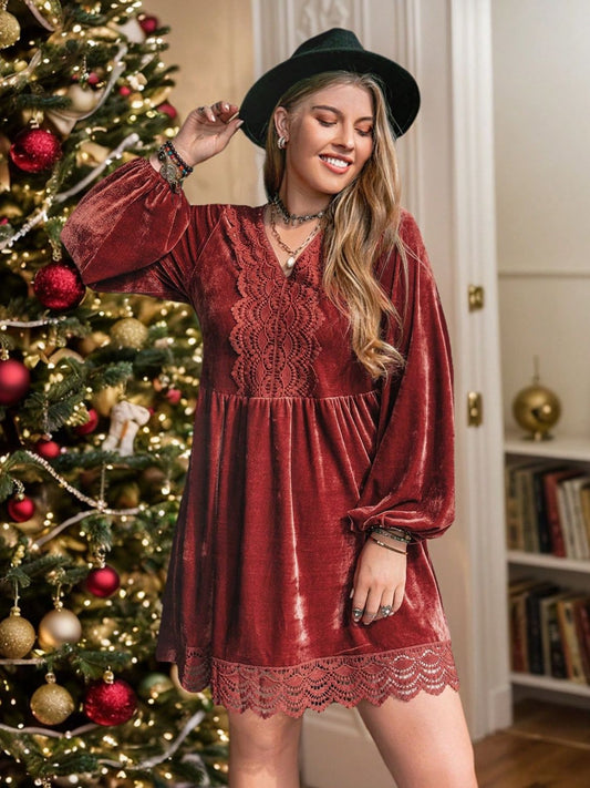 Plus Size Lace Detail Mini Dress - Rust
