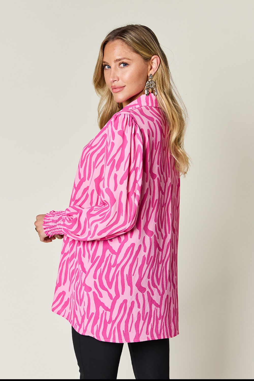 Double Take Full Size Printed Smocked Long Sleeve Blouse - 4 Colors!