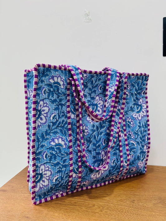 Cotton Quilted Tote Bag Floral Block Print Oversized Bag