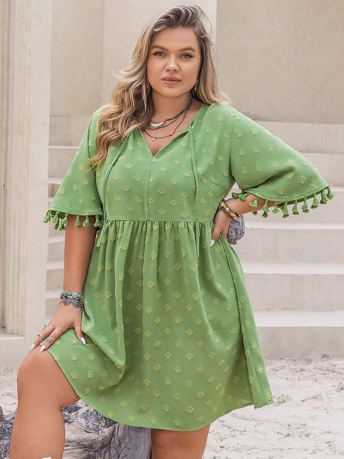 Plus Size Tied Tassel Half Sleeve Mini Dress Lime / 3XL Plus Size Tied Tassel Half Sleeve Mini Dress Lime / 3XL