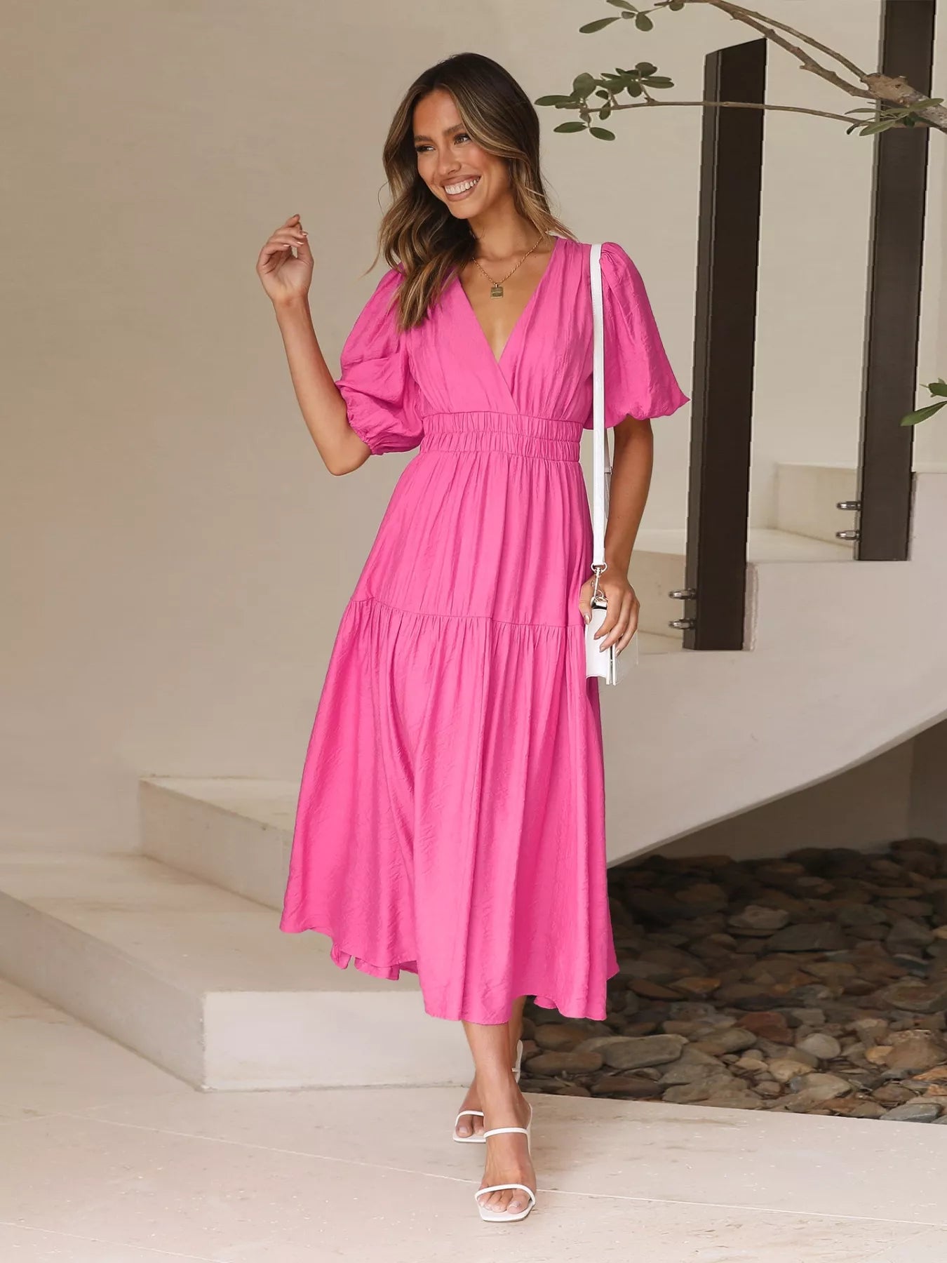 modern puff sleeve dress Tiered Puff Sleeve Midi Dress Hot Pink / L