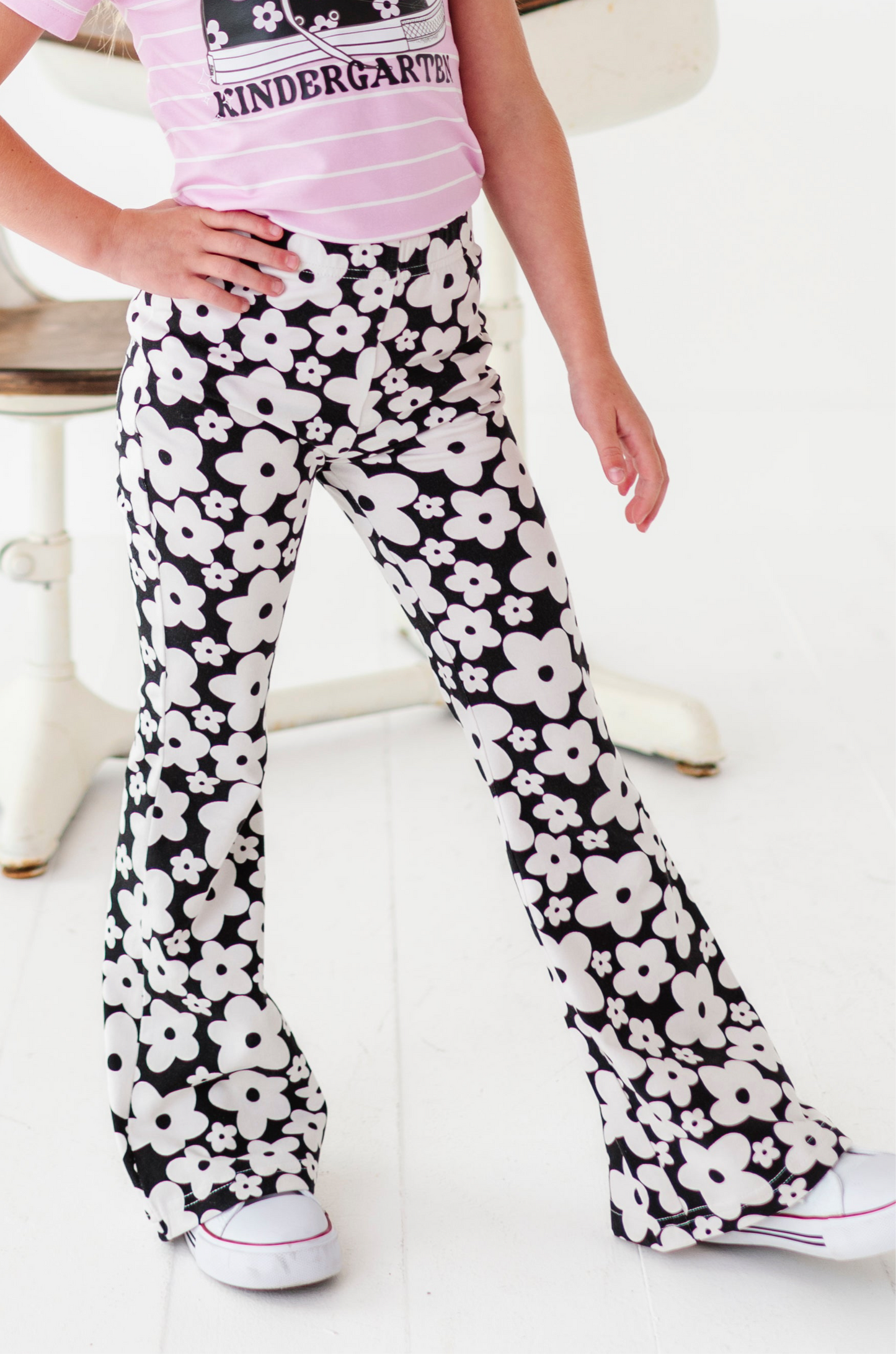 Retro Black and White Floral Flares