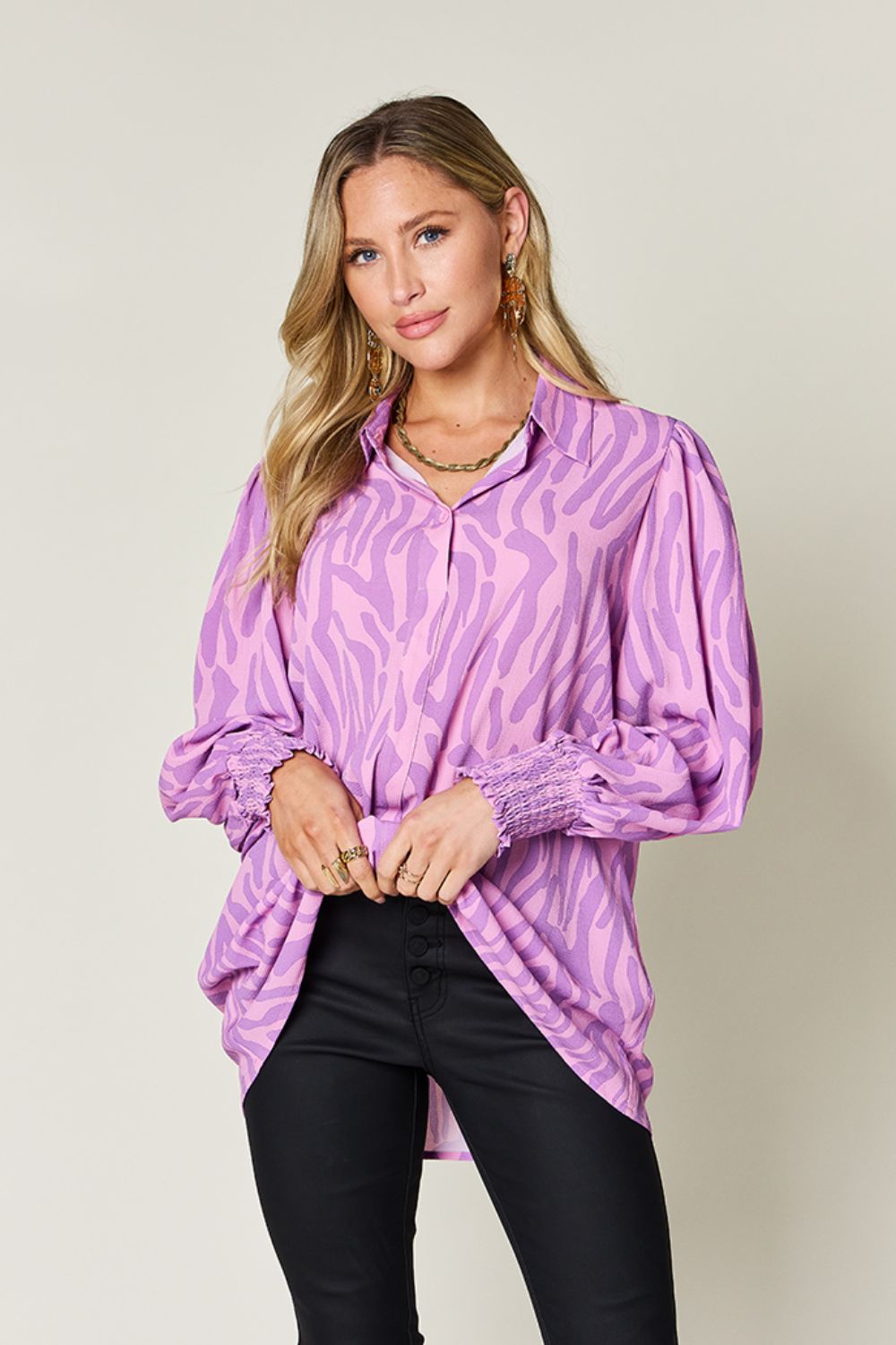 Double Take Full Size Printed Smocked Long Sleeve Blouse - 4 Colors!