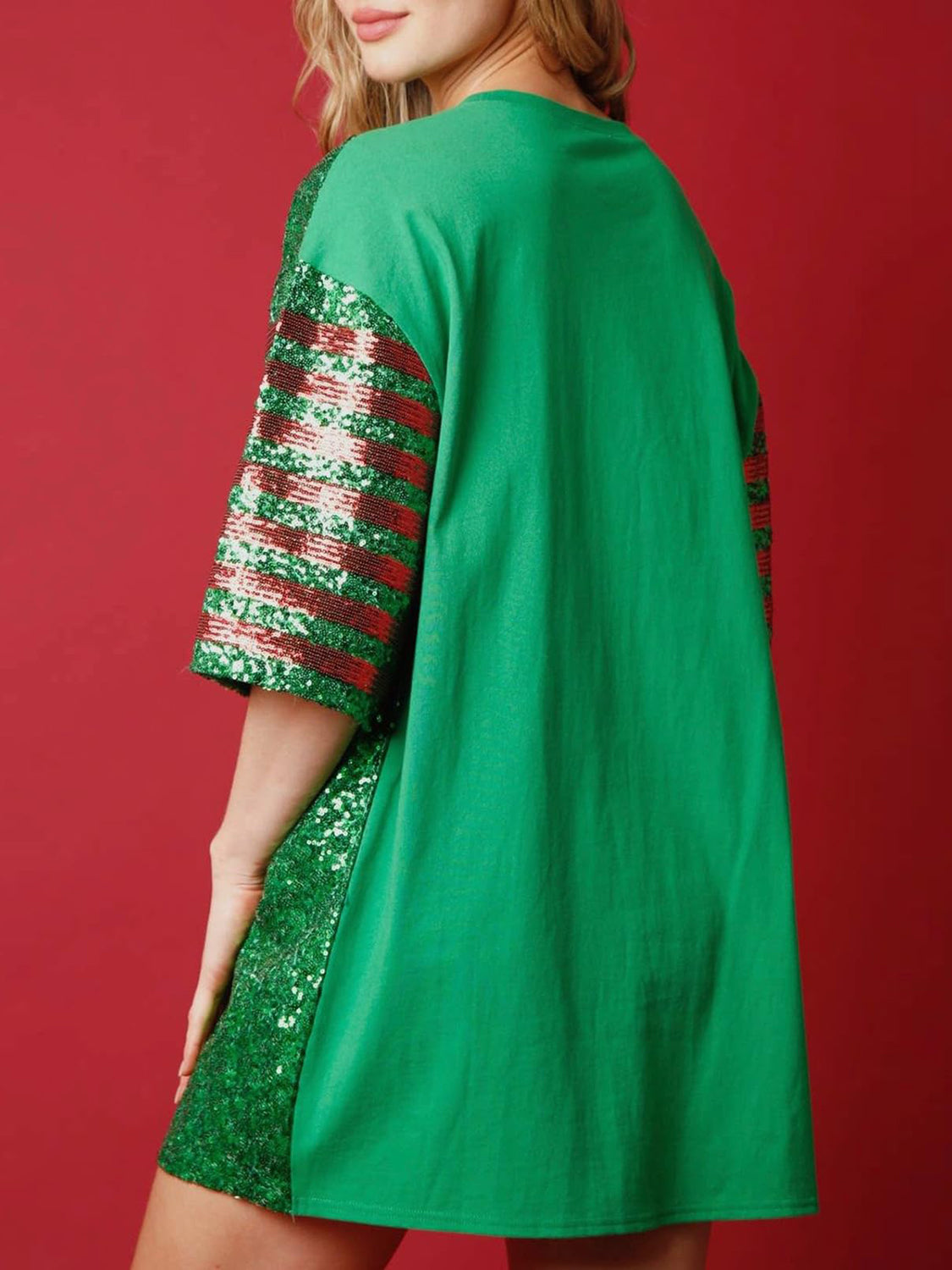 SparkleQueen Candy Cane Sequin Half Sleeve Oversized Shirt - Green