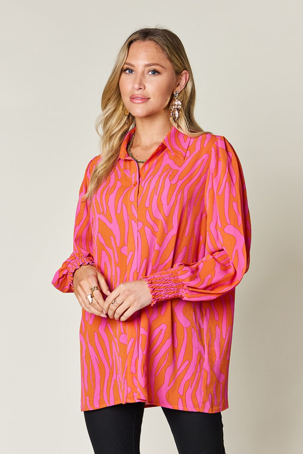 Double Take Full Size Printed Smocked Long Sleeve Blouse - 4 Colors!