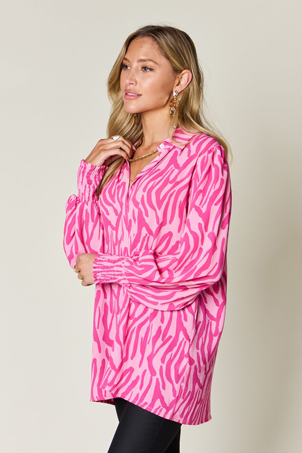 Double Take Full Size Printed Smocked Long Sleeve Blouse - 4 Colors!