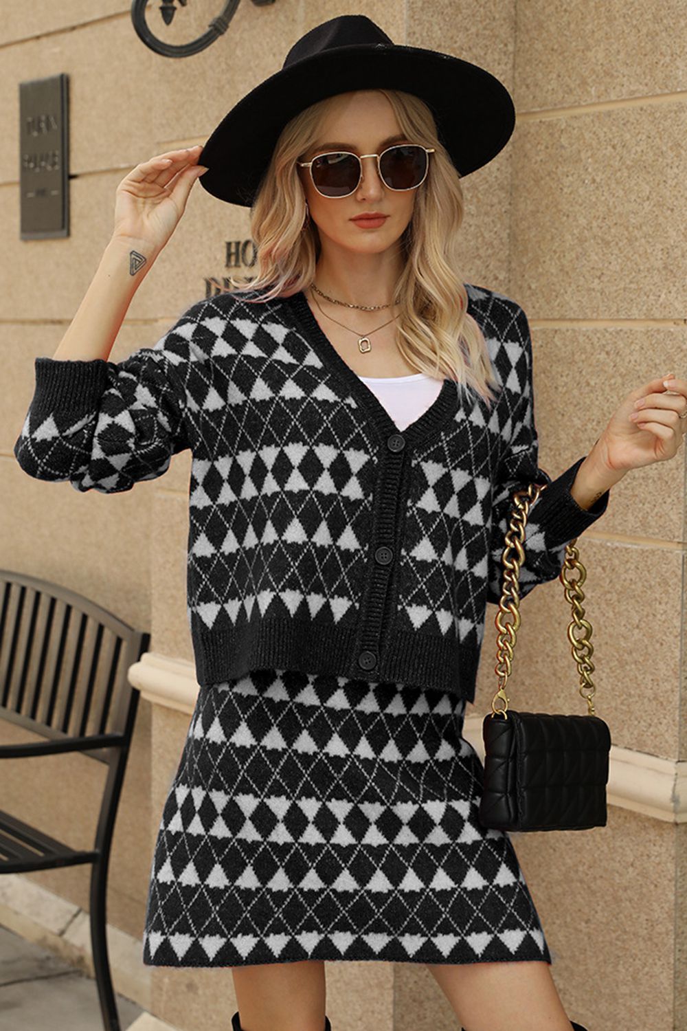 Knit Geometric Cardigan & Skirt Set