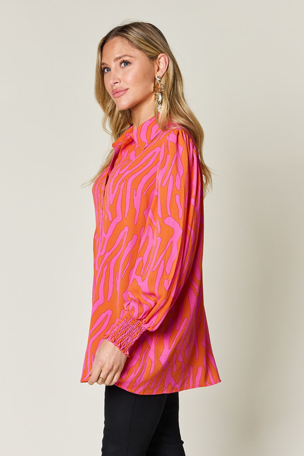 Double Take Full Size Printed Smocked Long Sleeve Blouse - 4 Colors!