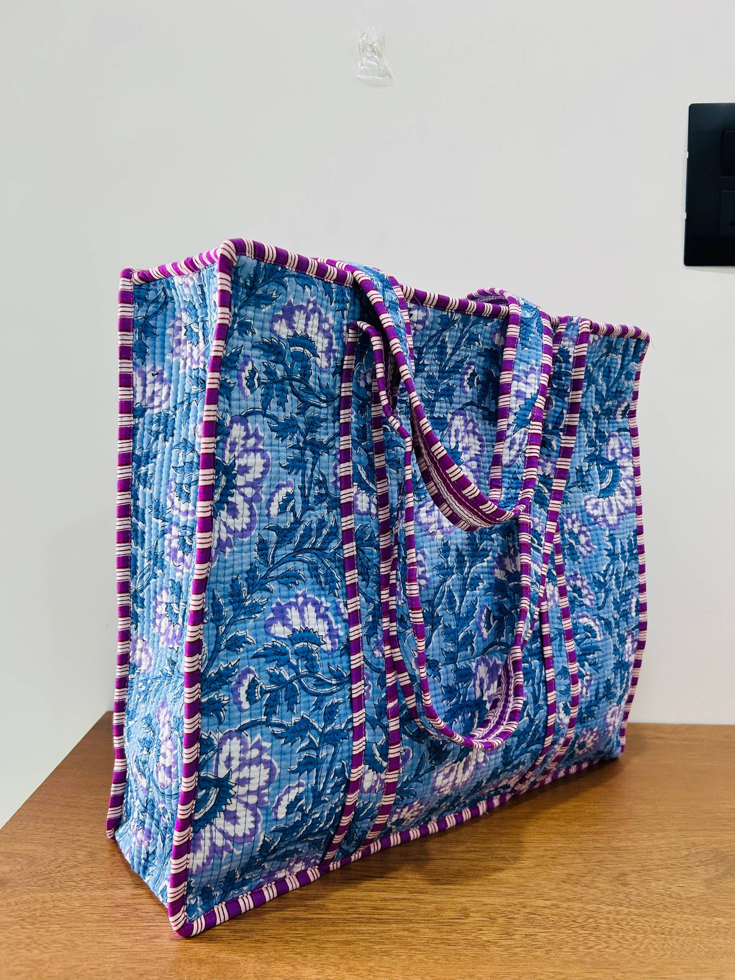Cotton Quilted Tote Bag Floral Block Print Oversized Bag