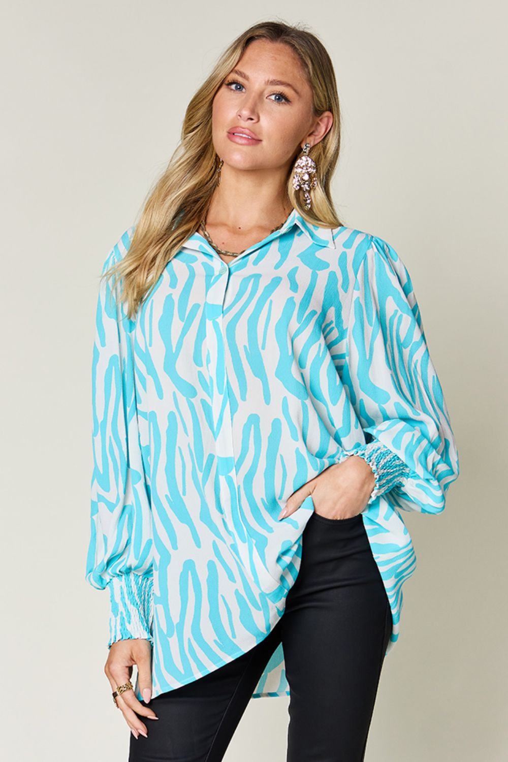 Double Take Full Size Printed Smocked Long Sleeve Blouse - 4 Colors!