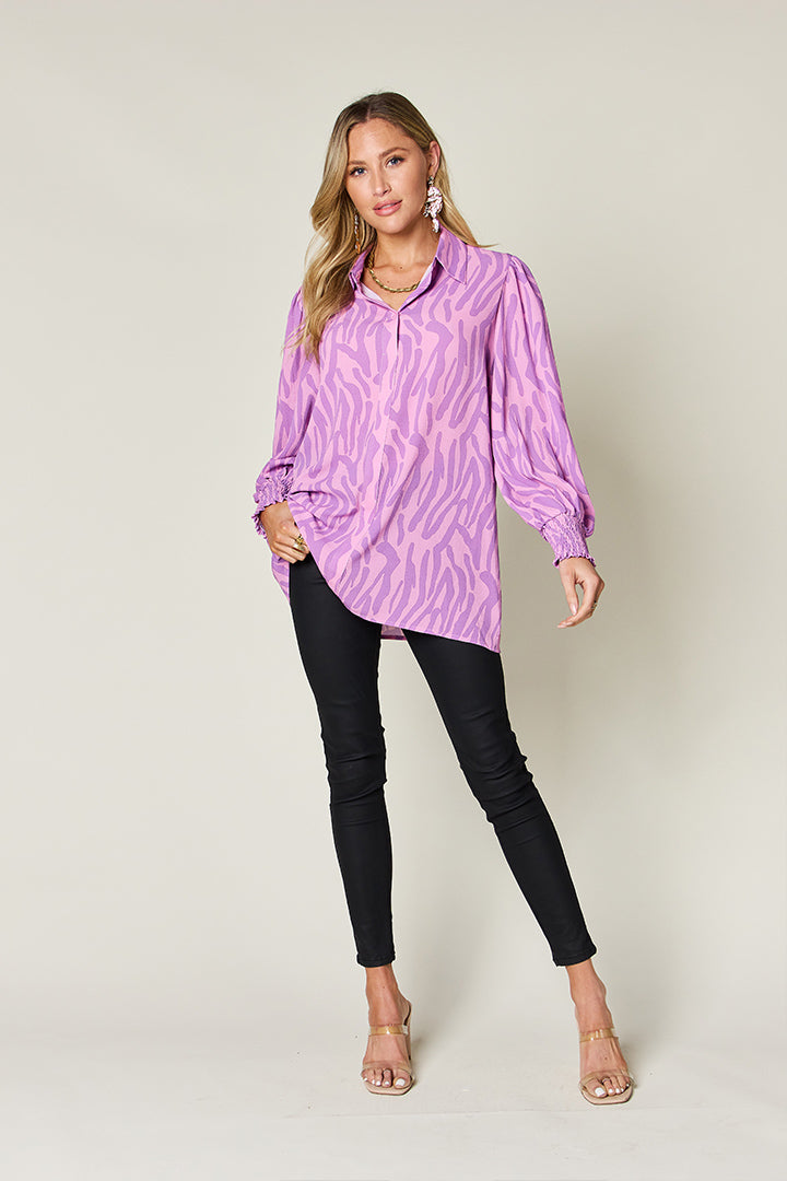 Double Take Full Size Printed Smocked Long Sleeve Blouse - 4 Colors!