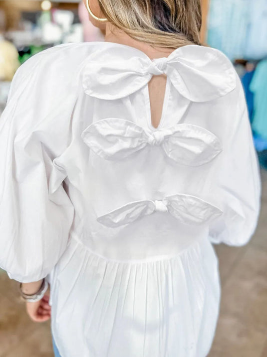 White Bow Three-Quarter Sleeve Blouse