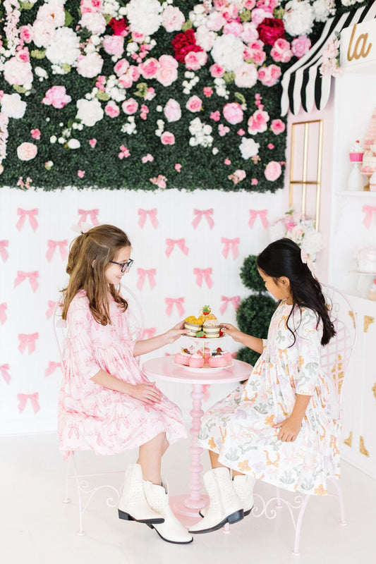 Blushing Bows 3/4 Sleeve Pocket Twirl Dress