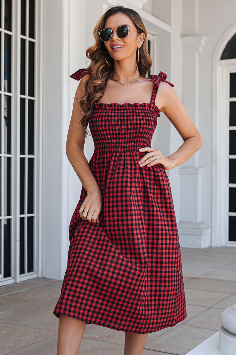 Plaid Frill Trim Tie Shoulder Dress - 3 color options!
