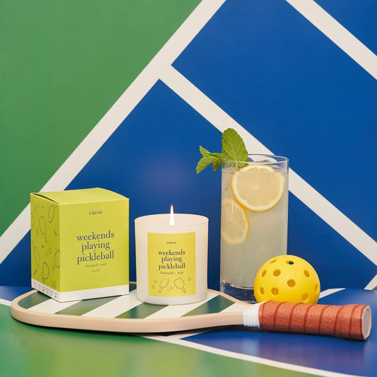 weekends playing pickleball candle with box