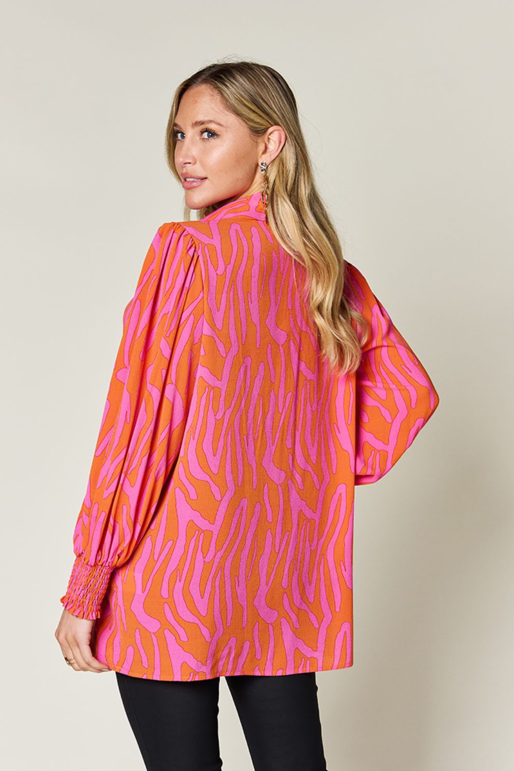 Double Take Full Size Printed Smocked Long Sleeve Blouse - 4 Colors!