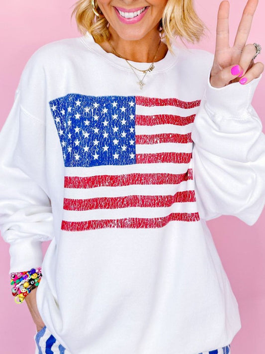 Oversized US Flag Round Neck Long Sleeve Sweatshirt