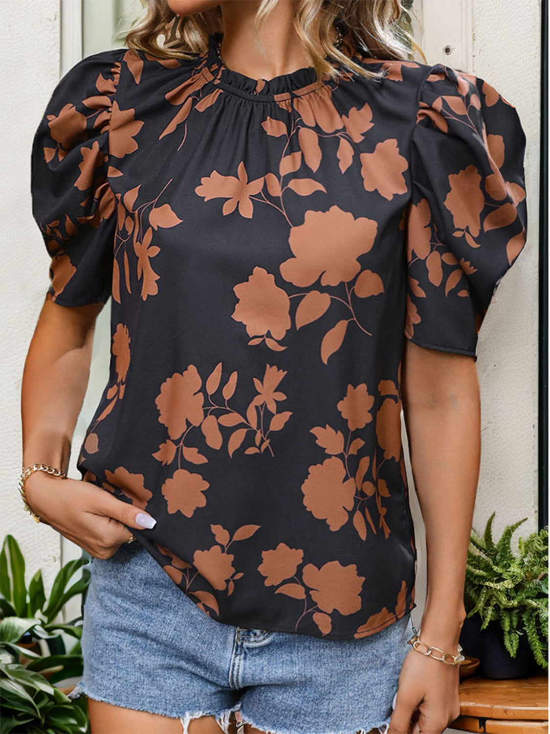 Frill Printed Puff Sleeve Blouse