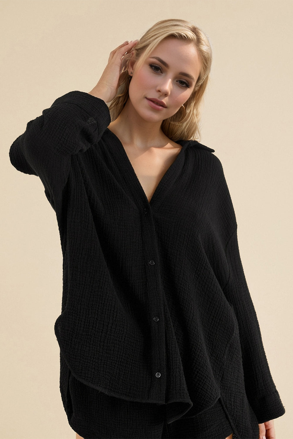 Basic Bae 100% Cotton Button Down Long Sleeve Top and Shorts Set