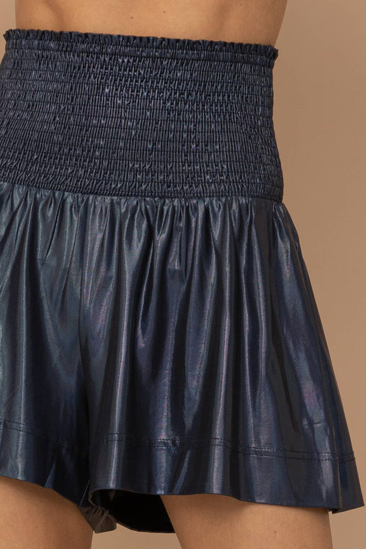 Smocked Waist Metallic Shorts - Evening Blue