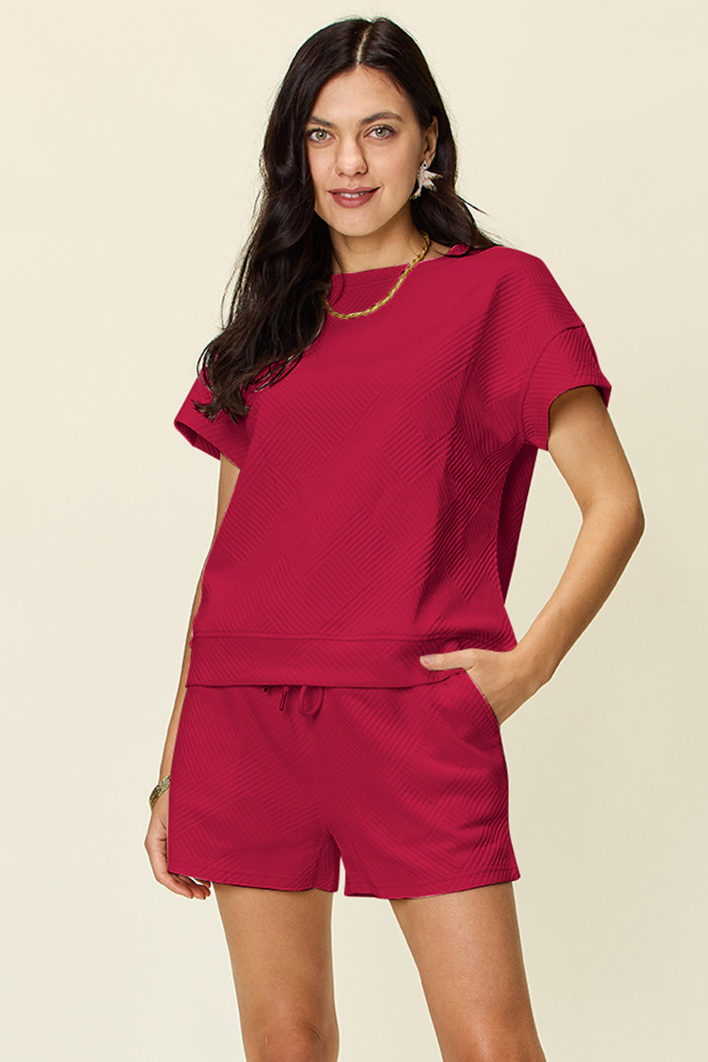 Double Take Full Size Texture Short Sleeve T-Shirt and Drawstring Shorts Set - 11 Colors!