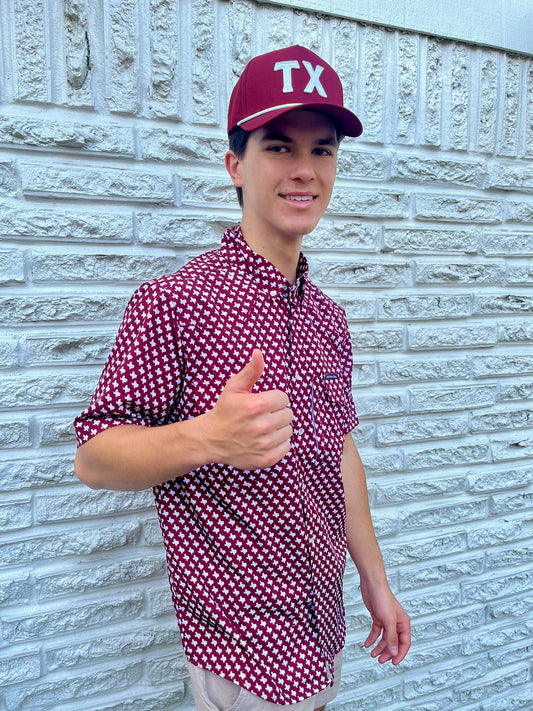 The Maroon Texas Print Pearl Snap Shirt
