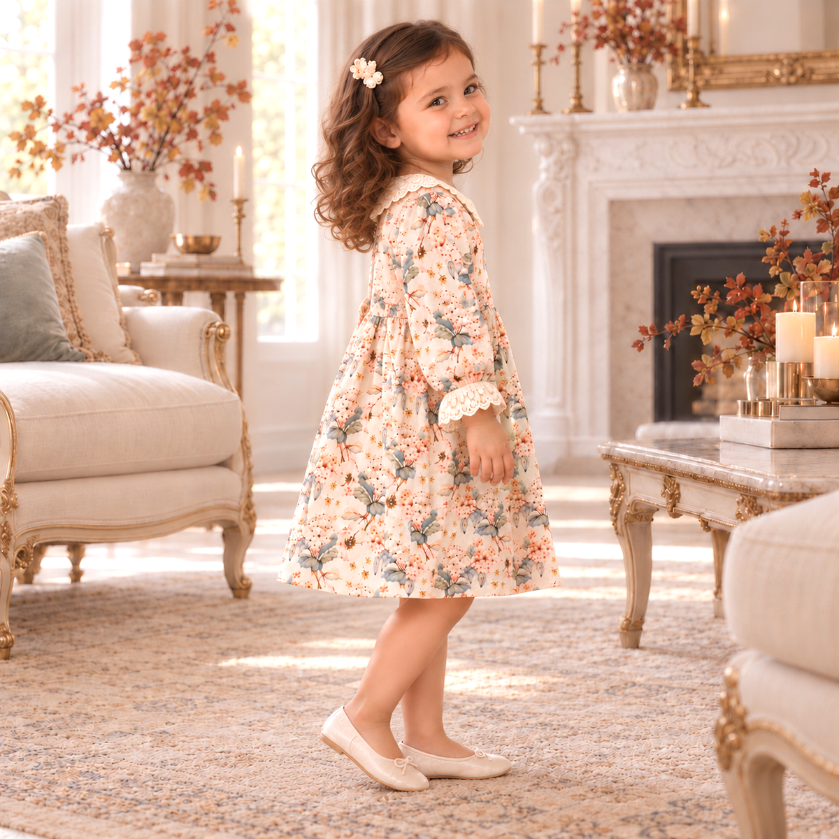 Vintage Floral Dress with Lace Collar Ruffles, Linen Blend