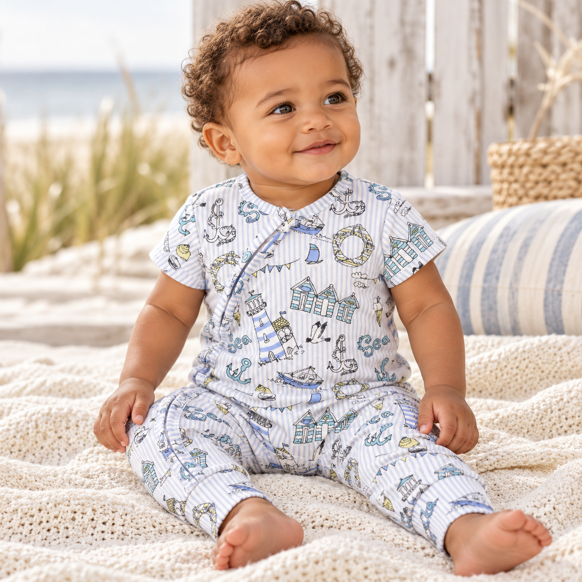 Seashore Bamboo Zipper Romper with Convertible Cuffs