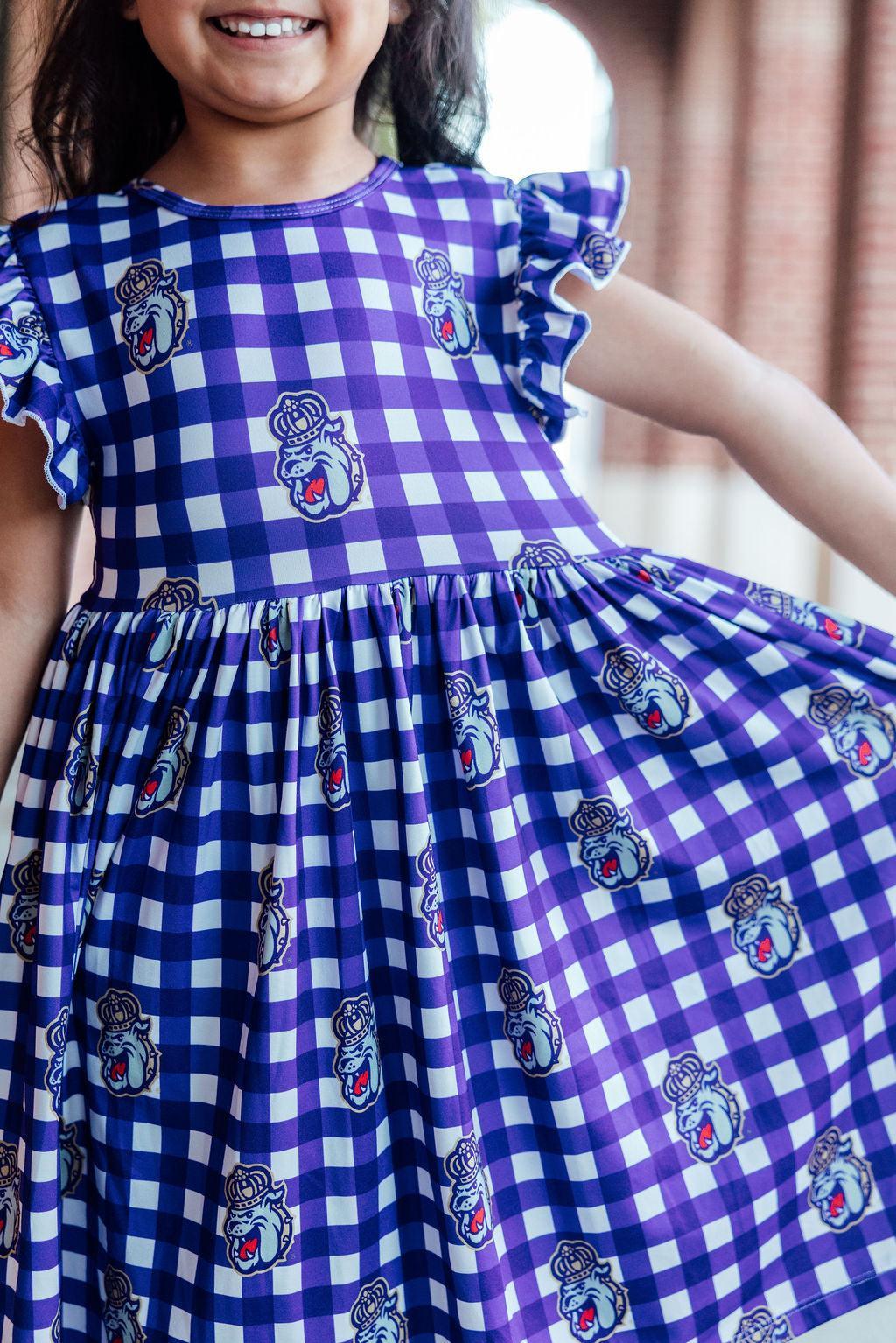 Girls' Jmu Plaid Duke Dog Flutter Twirl Dress Size: 7/8 By Mila & Rose