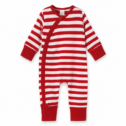 Red Striped Cotton Christmas Zipper Romper with Convertible Cuffs