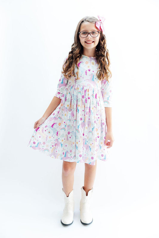 Rainbow Vibes 3/4 Sleeve Pocket Twirl Dress