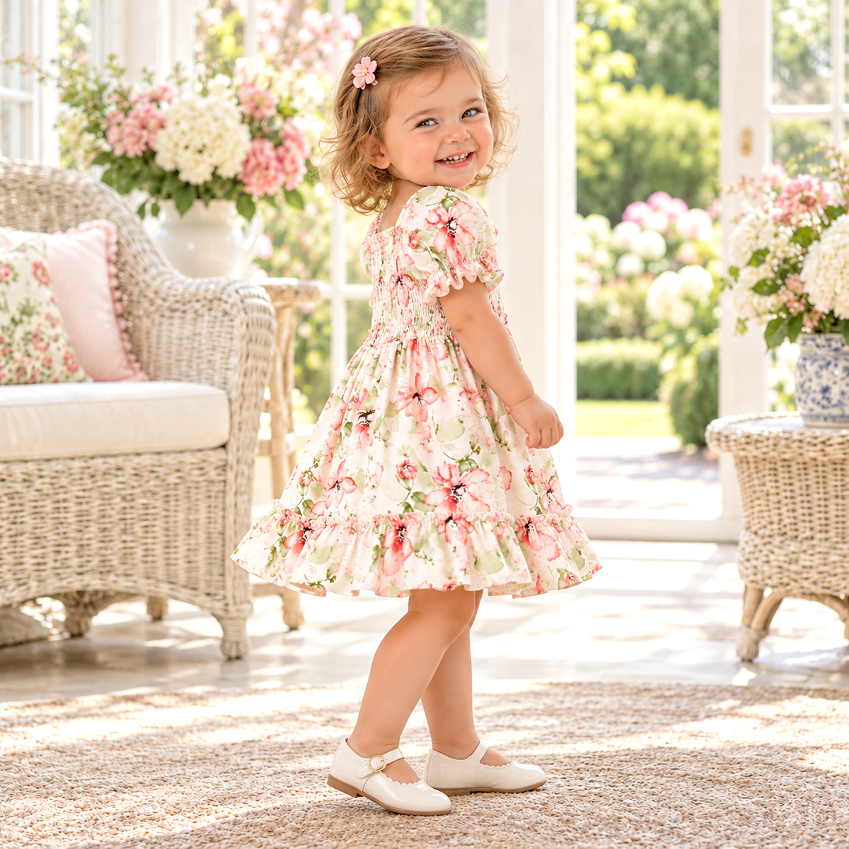 Blush Bouquet Smocked Bodice Puff Sleeve Dress