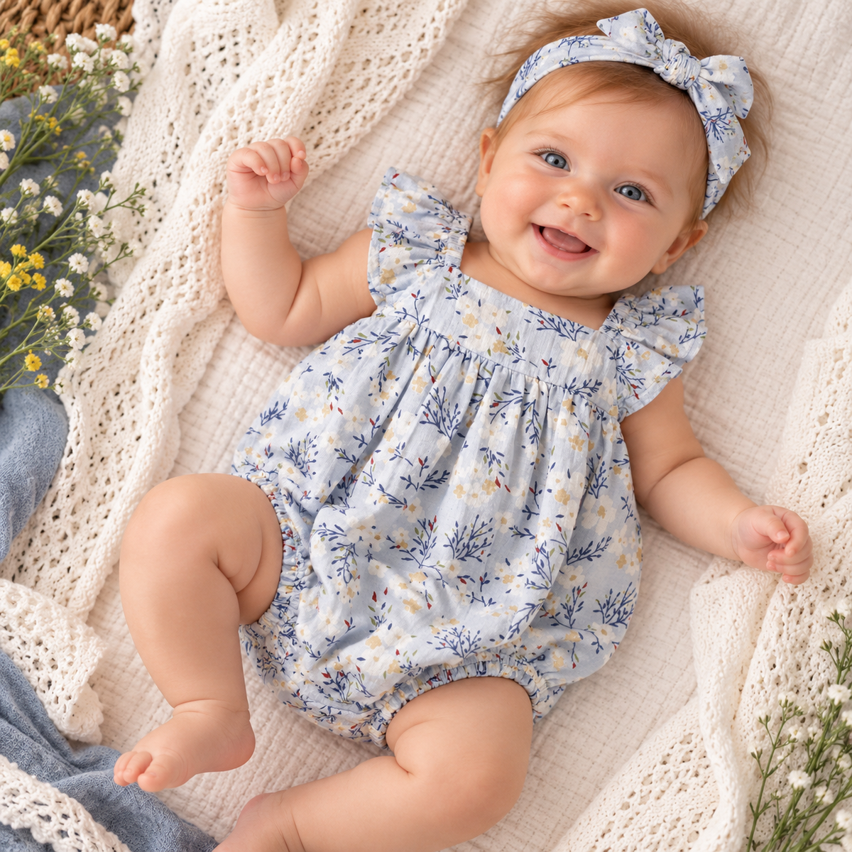 Baby Girl Blue Floral Bubble Romper – Cotton Linen 3-6M