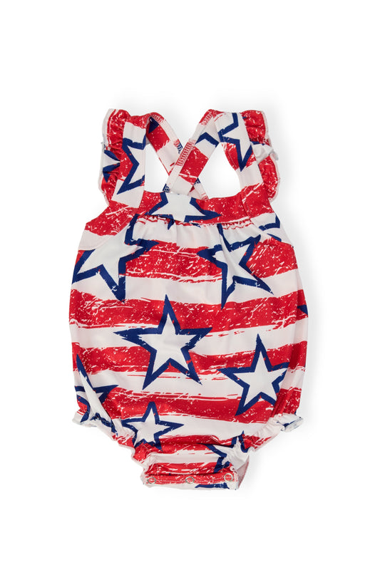 Stars & Stripes Ruffle Cross Back Romper