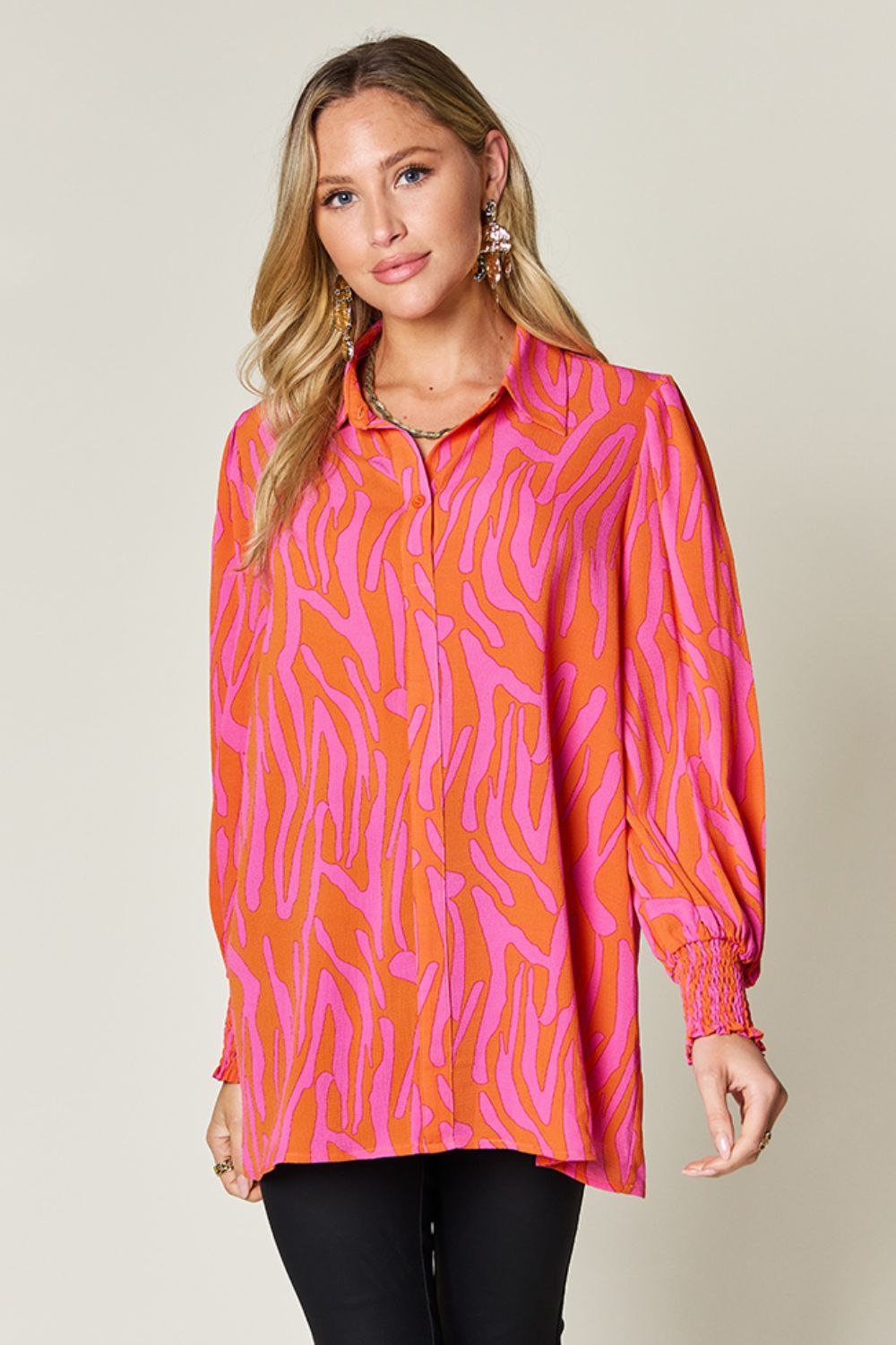 Double Take Full Size Printed Smocked Long Sleeve Blouse - 4 Colors!
