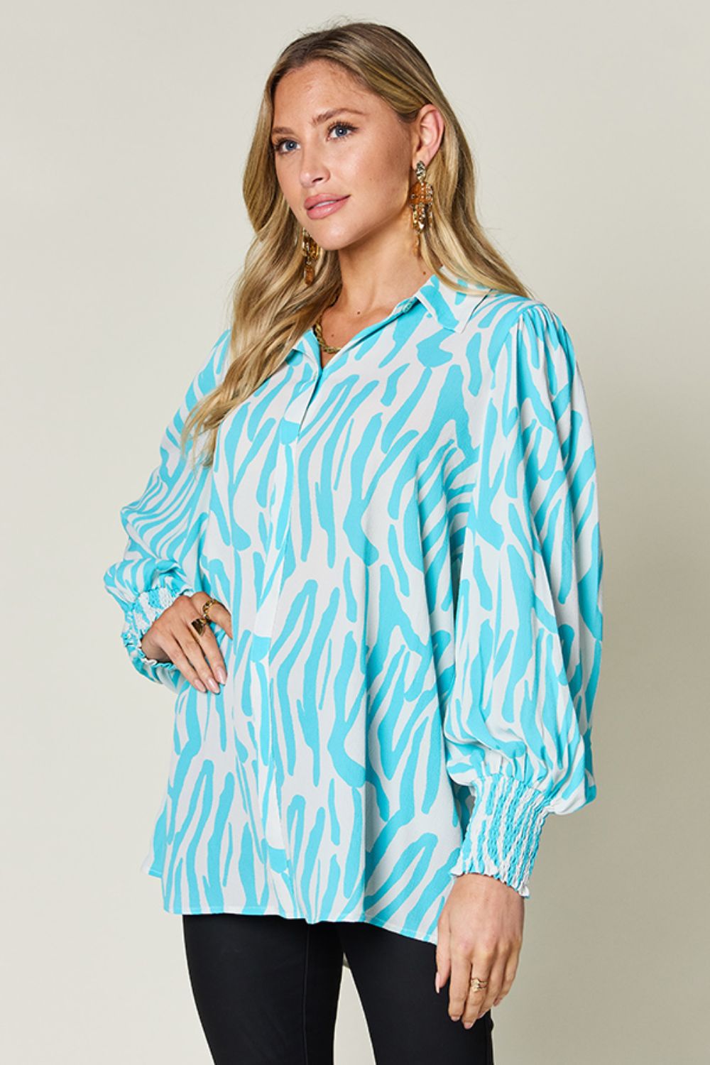 Double Take Full Size Printed Smocked Long Sleeve Blouse - 4 Colors!