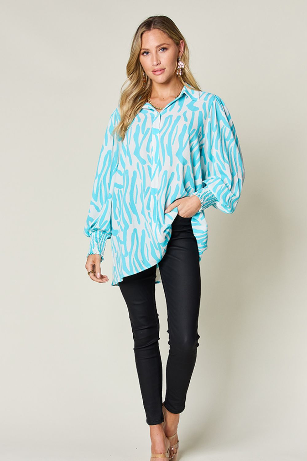 Double Take Full Size Printed Smocked Long Sleeve Blouse - 4 Colors!